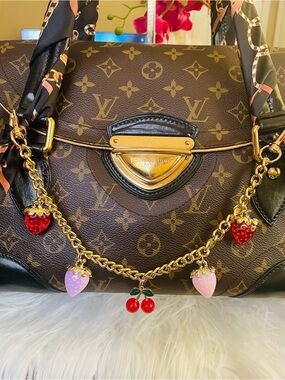 Gold Bag Charm with Red & Pink strawberries, and cherry